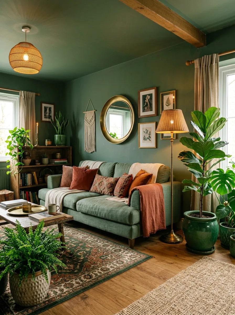 Bold Boho living room with deep sage green color drenching on walls, ceiling, and sofa with terracotta accents and warm brass fixtures