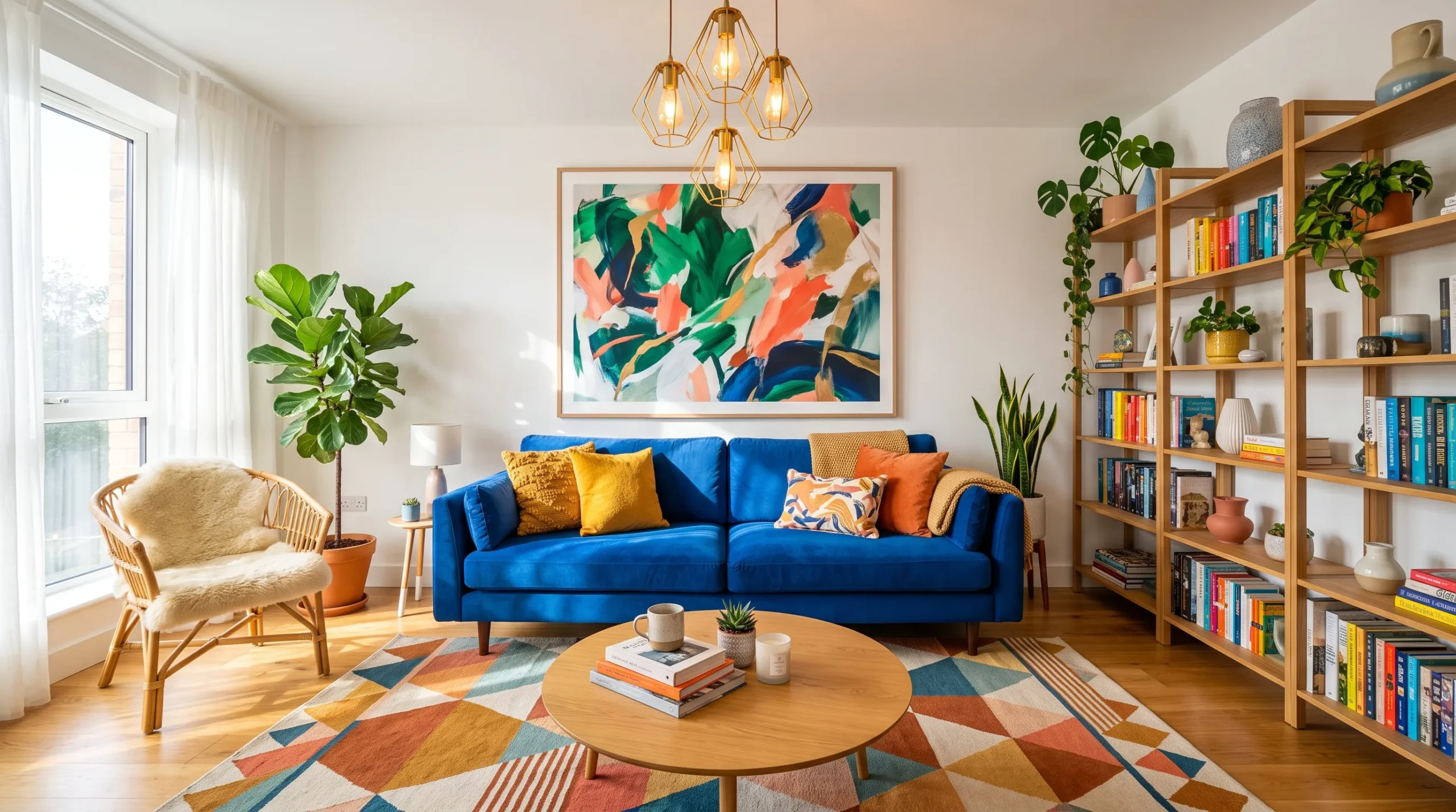 Colorful apartment decorating with cobalt sofa, mustard pillows, and vibrant geometric rug in a bright living room