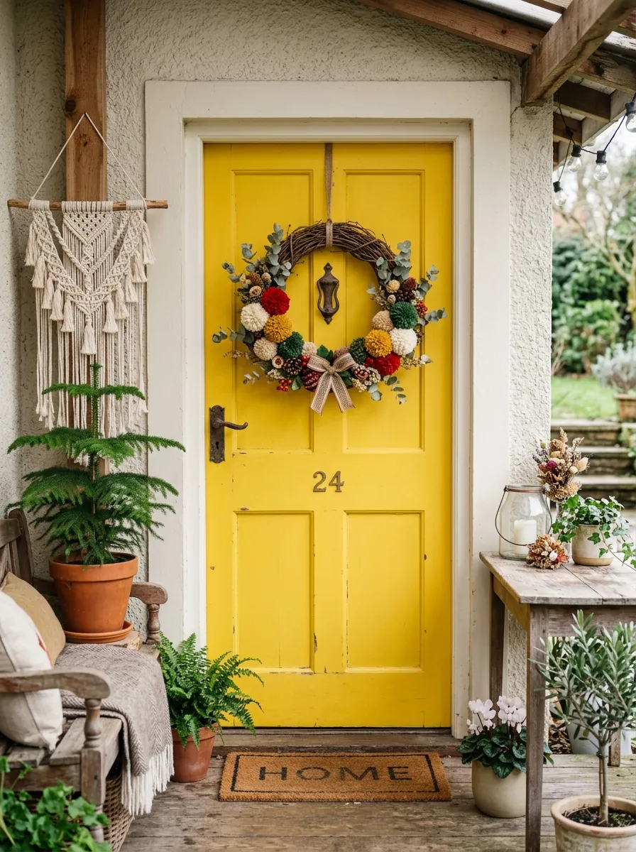 21 Christmas Wreath Ideas That Make Your Front Door the Most Beautiful on the Street 13 A handmade boho Christmas wreath with colorful yarn pom poms and eucalyptus on a bright yellow front door
