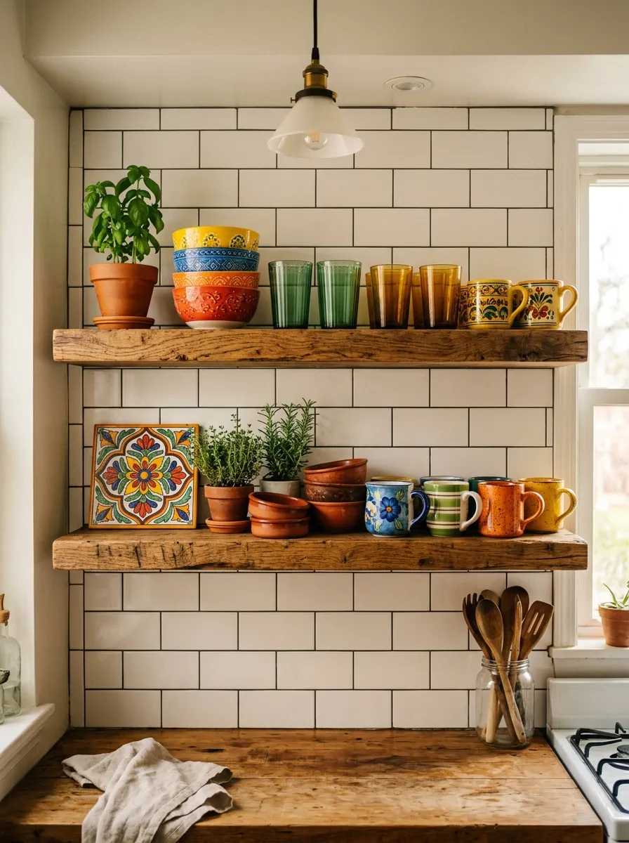 22 Colorful Apartment Decorating Ideas That Make Every Room Feel Bold, Stylish, and Cohesive 17 Open kitchen shelves displaying colorful dishware, amber glasses, and terracotta bowls in a bright apartment kitchen