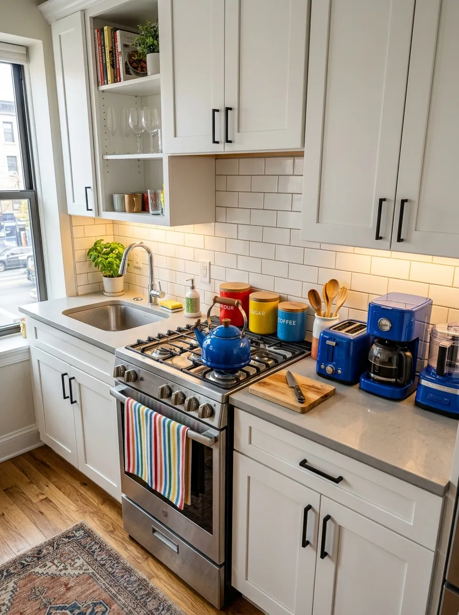 22 Colorful Apartment Decorating Ideas That Make Every Room Feel Bold, Stylish, and Cohesive 6 Cobalt blue appliances and colorful ceramic canisters adding bold personality to a white apartment kitchen