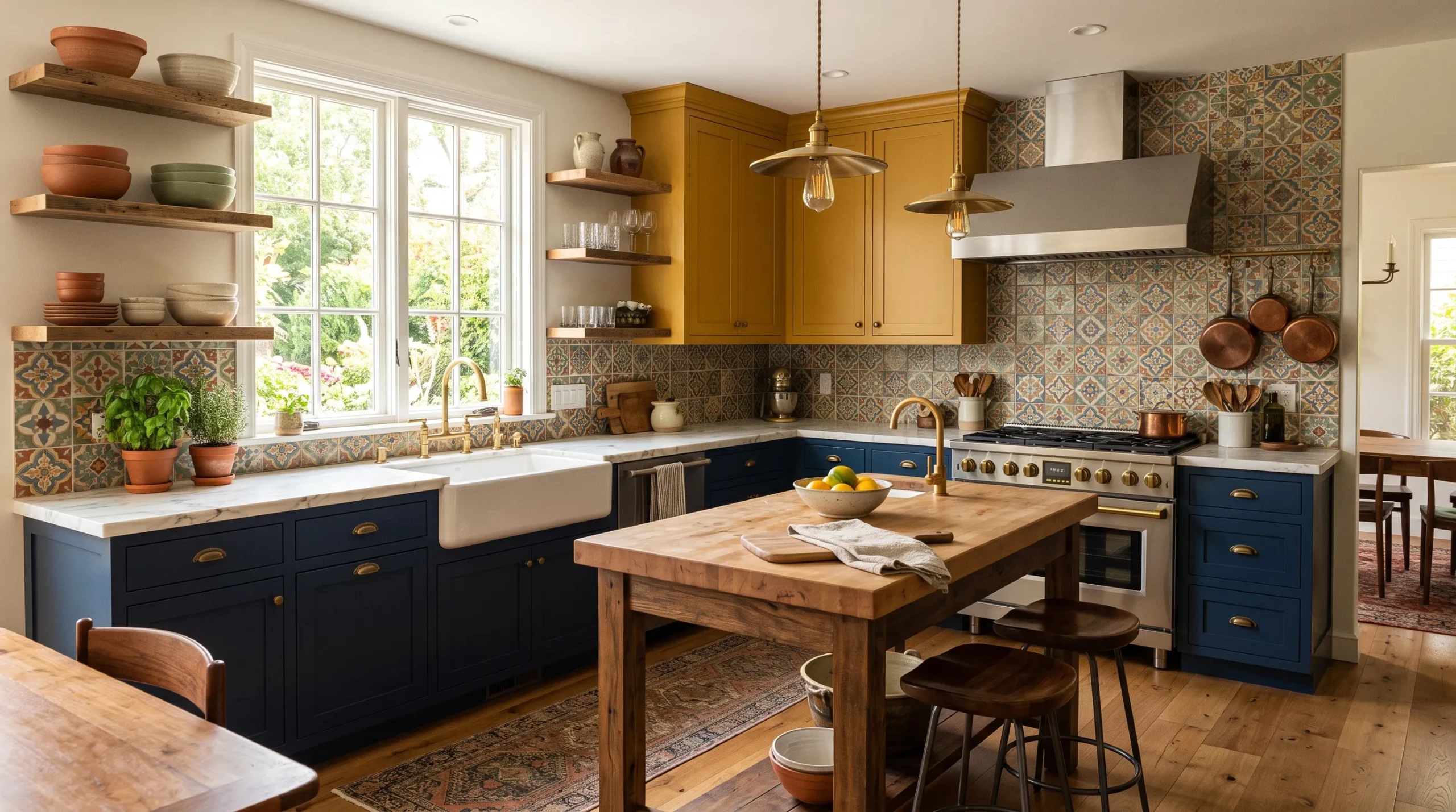 A colorful kitchen featuring navy lower cabinets, mustard upper cabinets, marble countertops, and multicolored tile backsplash in warm morning light.