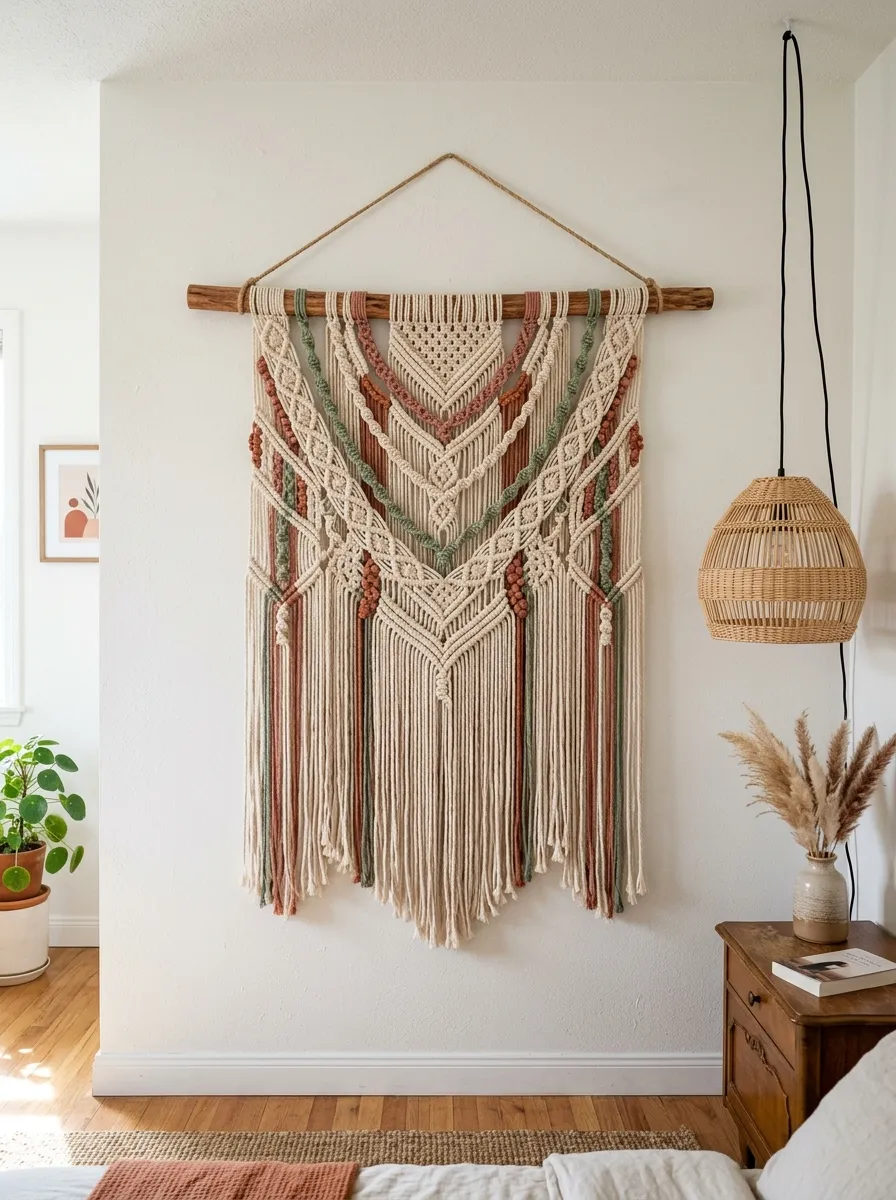 22 Colorful Apartment Decorating Ideas That Make Every Room Feel Bold, Stylish, and Cohesive 13 Large handmade macrame wall hanging with terracotta, dusty rose, and sage green color threads in an apartment bedroom