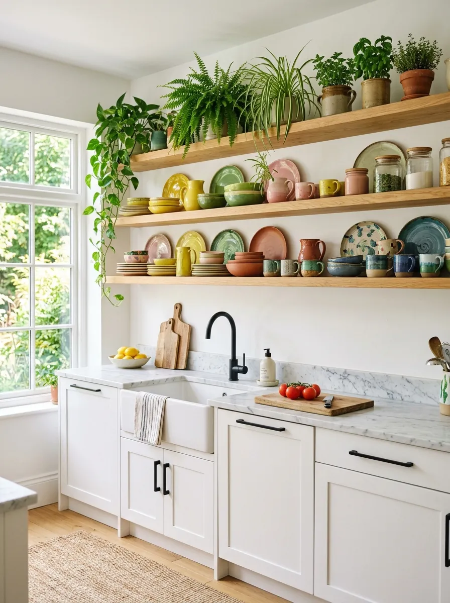 White kitchen with open wooden shelves filled with colorful ceramics in yellow, green, pink, and terracotta on white lower cabinets