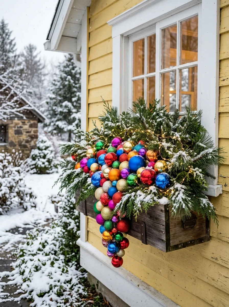 18 Winter Window Box Ideas That Bring Magical Seasonal Charm to Your Home Exterior 16 Joyful colorful ornament cascade winter window box with multicolor balls and pine branches on a yellow cottage exterior