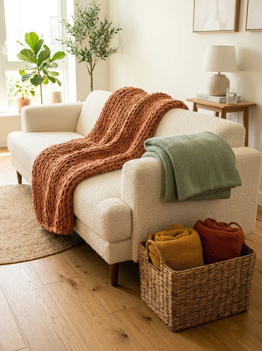 22 Colorful Apartment Decorating Ideas That Make Every Room Feel Bold, Stylish, and Cohesive 20 Terracotta chunky knit throw and sage green blanket draped over a cream sofa with colorful throws in a wicker basket