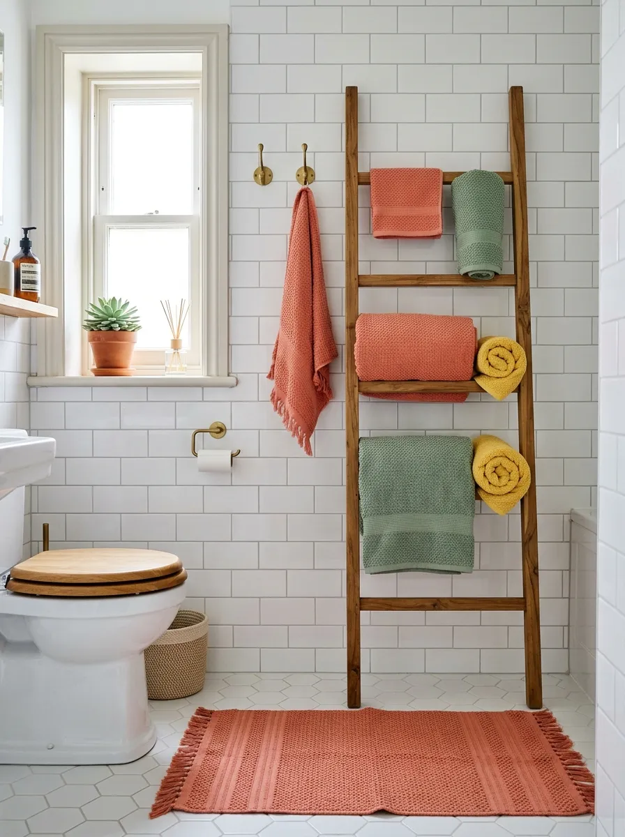 22 Colorful Apartment Decorating Ideas That Make Every Room Feel Bold, Stylish, and Cohesive 12 Colorful towels in coral, yellow, and sage green on a wooden ladder adding vibrant decor to a white apartment bathroom