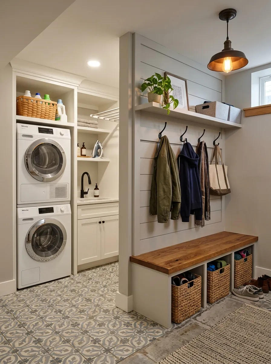 16 Basement Laundry Room Ideas That Use Smart Design Principles to Make Every Inch Work Better 8 Basement laundry area with stacked washer dryer niche beside built in mudroom bench, coat hooks, and under seat cubby storage
