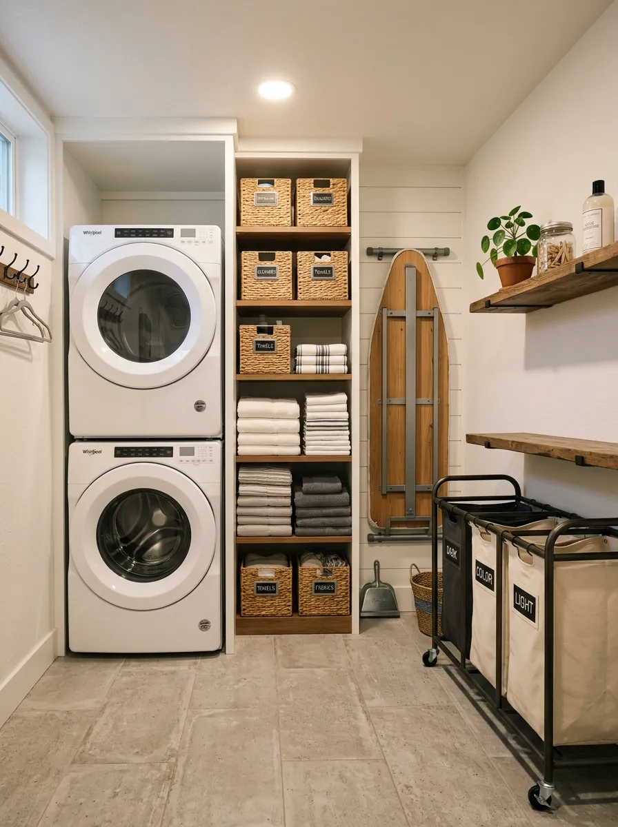 16 Basement Laundry Room Ideas That Use Smart Design Principles to Make Every Inch Work Better 11 Small basement laundry room with stacked washer dryer, floor to ceiling shelving, fold down ironing board, and rolling laundry sorter