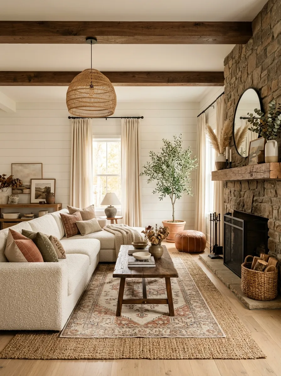 21 Modern Farmhouse Living Room Ideas That Perfectly Balance Texture, Warmth, and Modern Style 21 A complete modern farmhouse living room featuring shiplap walls, cream sectional, layered rugs, walnut ceiling beam, rattan pendant, and stone fireplace with styled mantel.