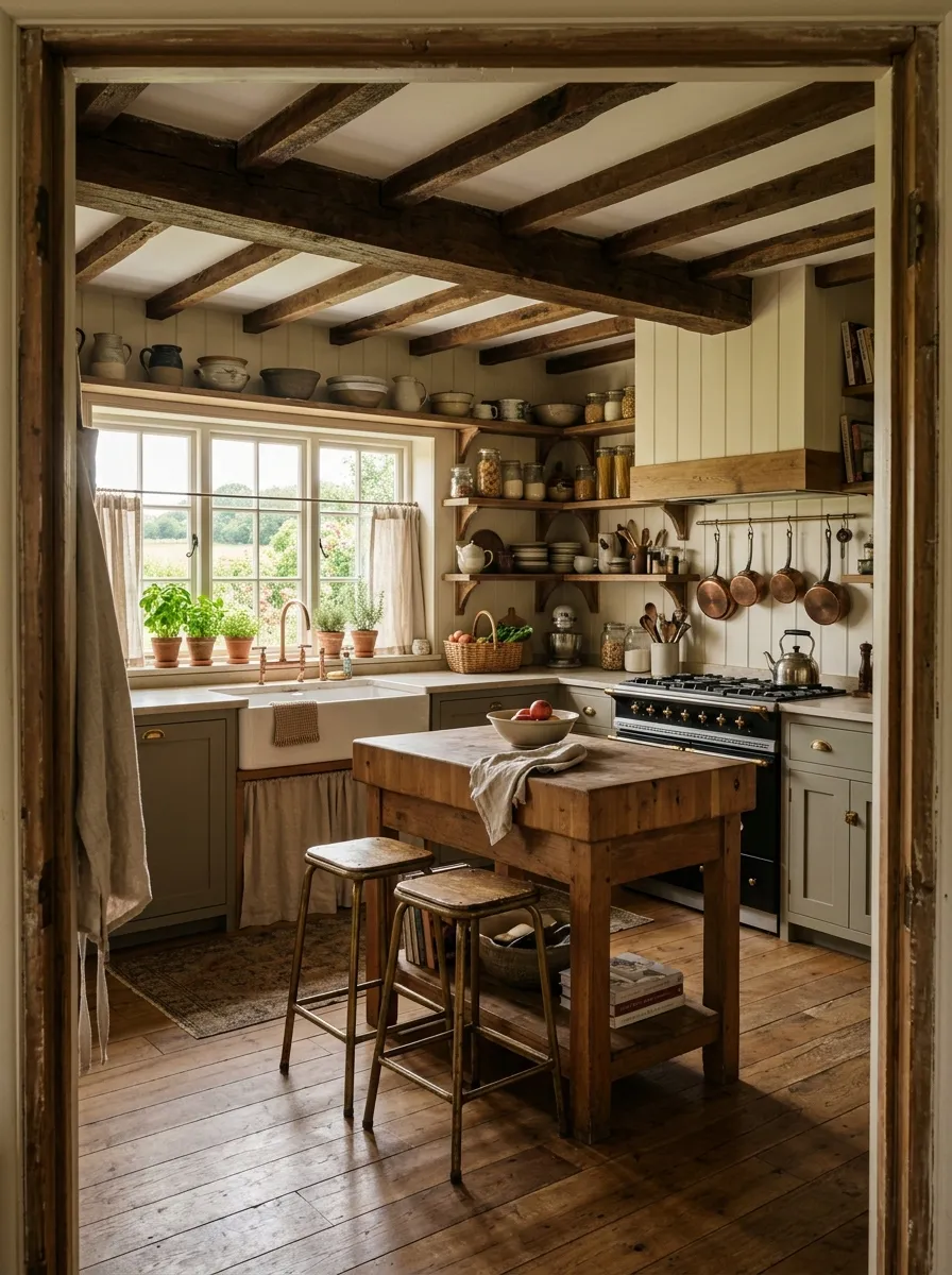 23 Rustic Farmhouse Kitchen Ideas That Use Quiet Design Rules to Create a Timeless Look 23 Complete rustic farmhouse kitchen with exposed beams, shiplap, open shelving, apron sink, and butcher block island bathed in warm afternoon light.