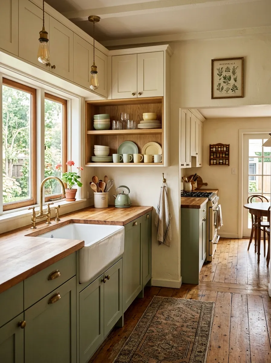 Complete retro kitchen with sage green cabinets, butcher block counter, farmhouse sink, and pastel open shelves