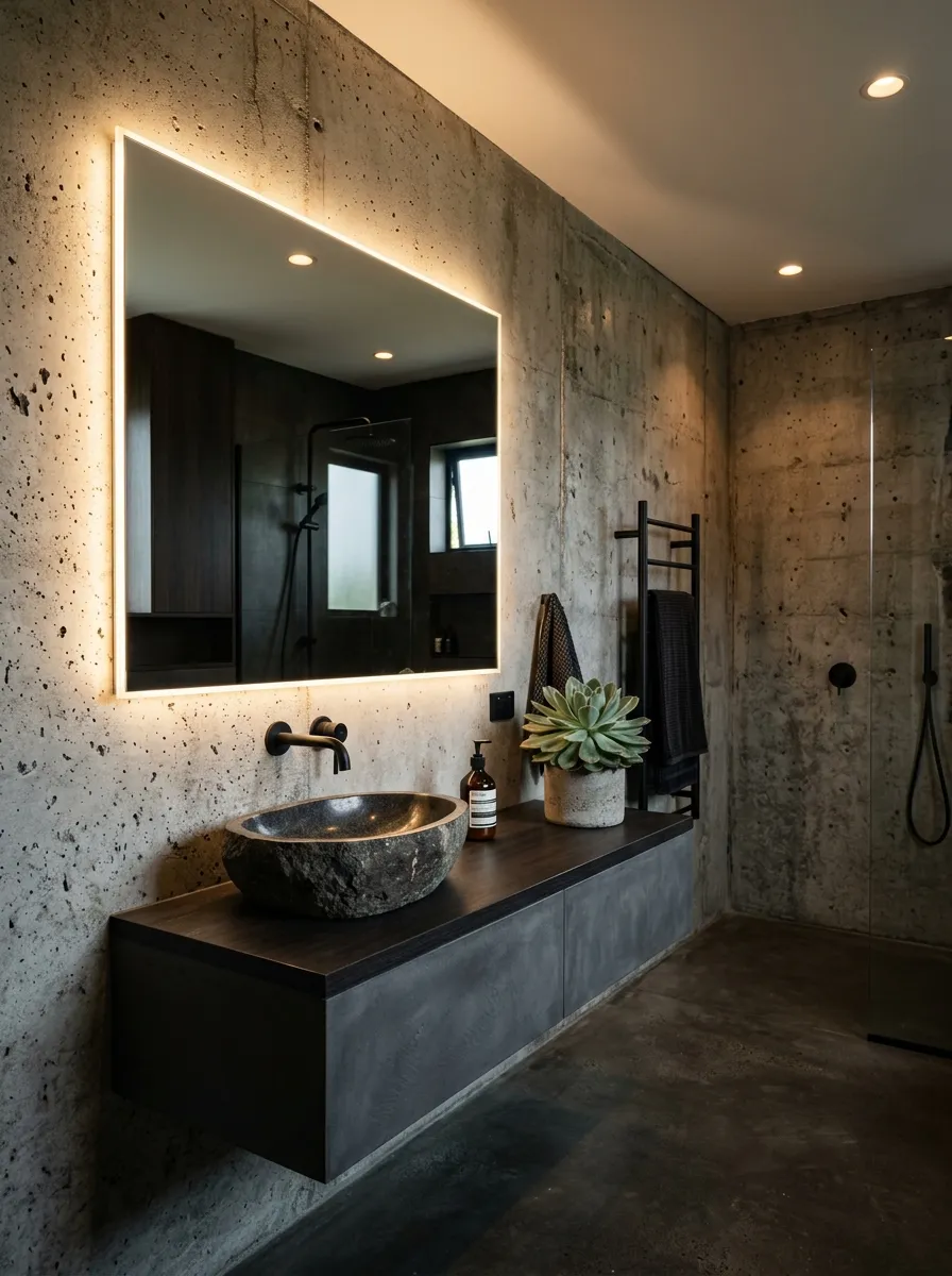 22 Dark Moody Bathroom Ideas for a Bold, Dramatic, and Surprisingly Cozy Modern Space 11 Raw concrete walls and dark basalt stone sink in a moody concrete bathroom with warm backlit mirror and industrial aesthetic.