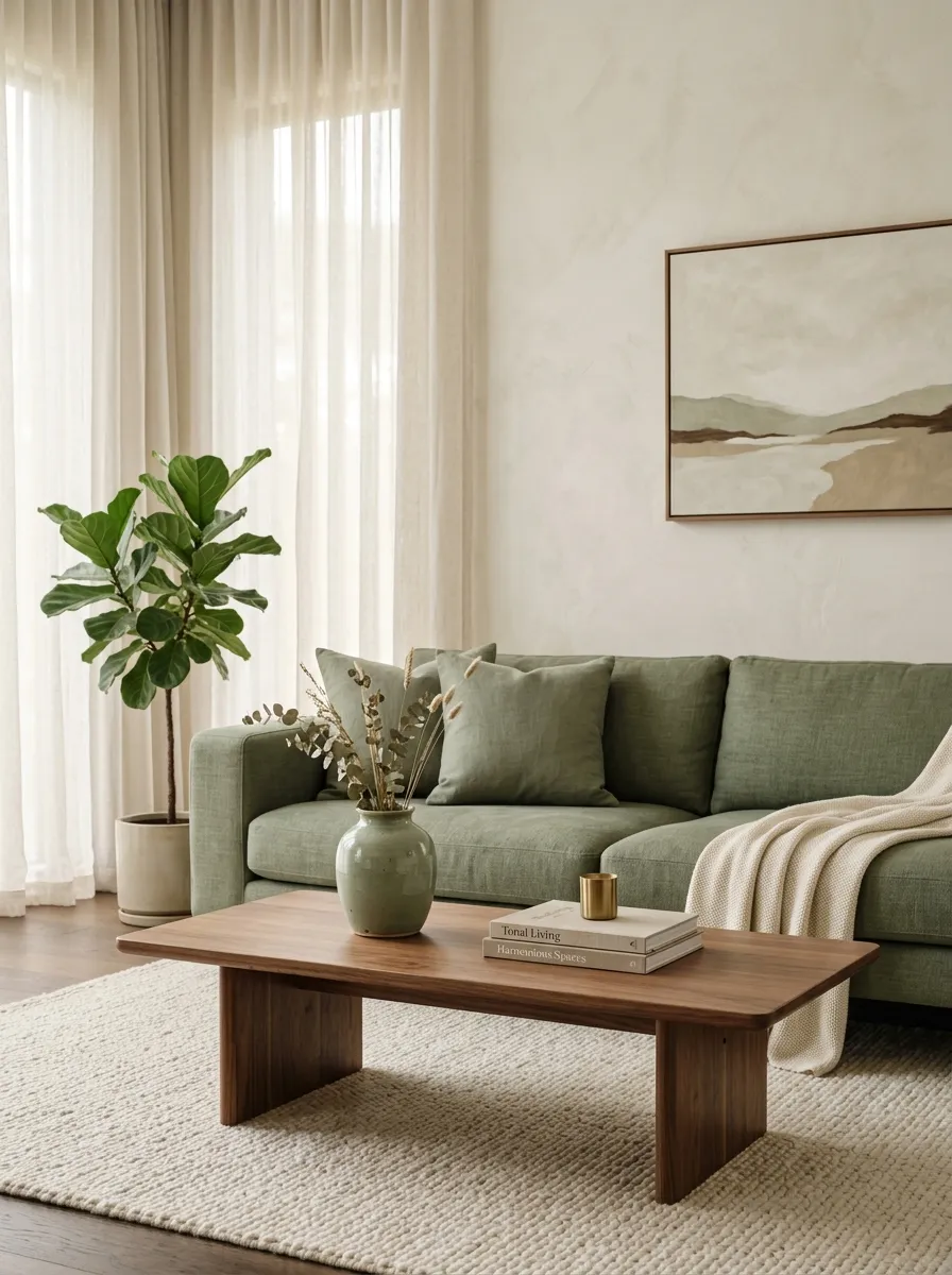 25 Luxury Living Room Ideas That Reveal the Design Details Most People Completely Overlook 7 Sage green sofa and repeated tonal palette creating harmony in a high end living room interior