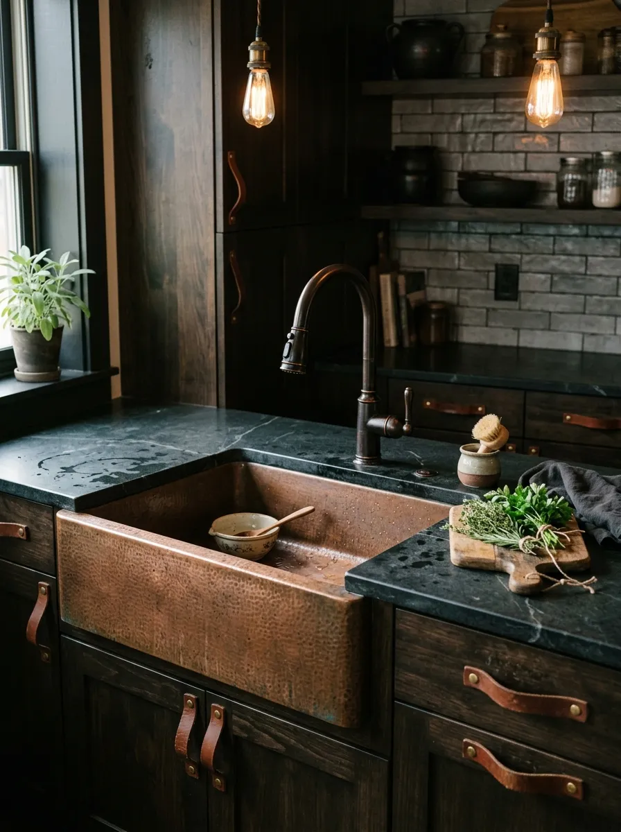 Deep copper apron sink design with dark cabinetry and oil rubbed bronze faucet in a warm moody farmhouse kitchen