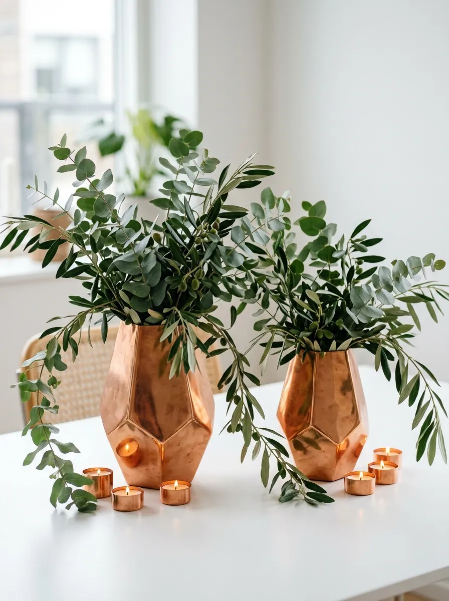 Copper geometric vases with eucalyptus and tea lights as modern and elegant Christmas table decorations