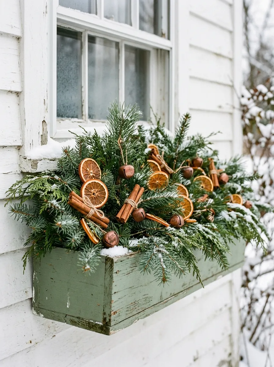 18 Winter Window Box Ideas That Bring Magical Seasonal Charm to Your Home Exterior 6 Cozy winter window box with dried orange slices, cinnamon sticks, and copper bells on a sage green farmhouse exterior