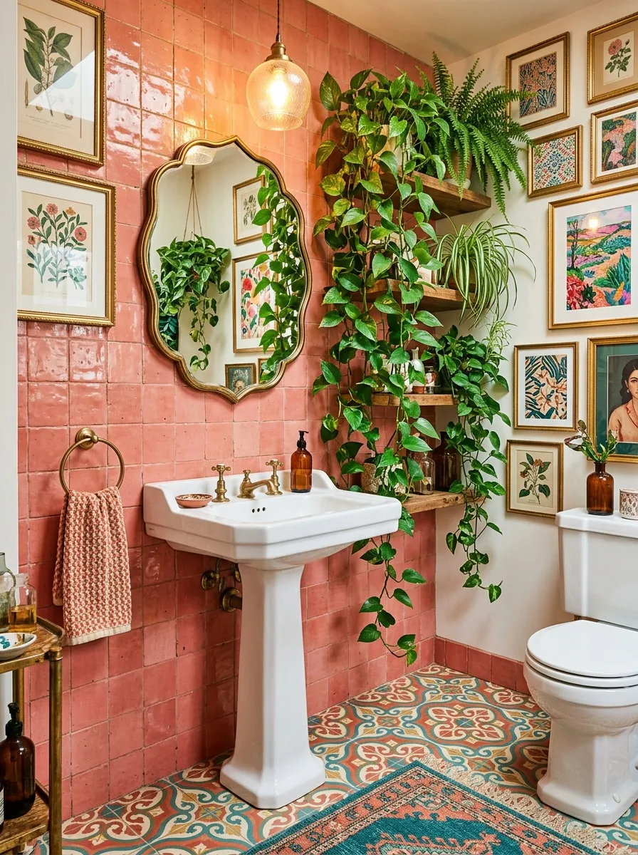 Coral pink maximalist bathroom with glazed tiles, patterned floors, scalloped mirror, and art prints bold pink bathrooms