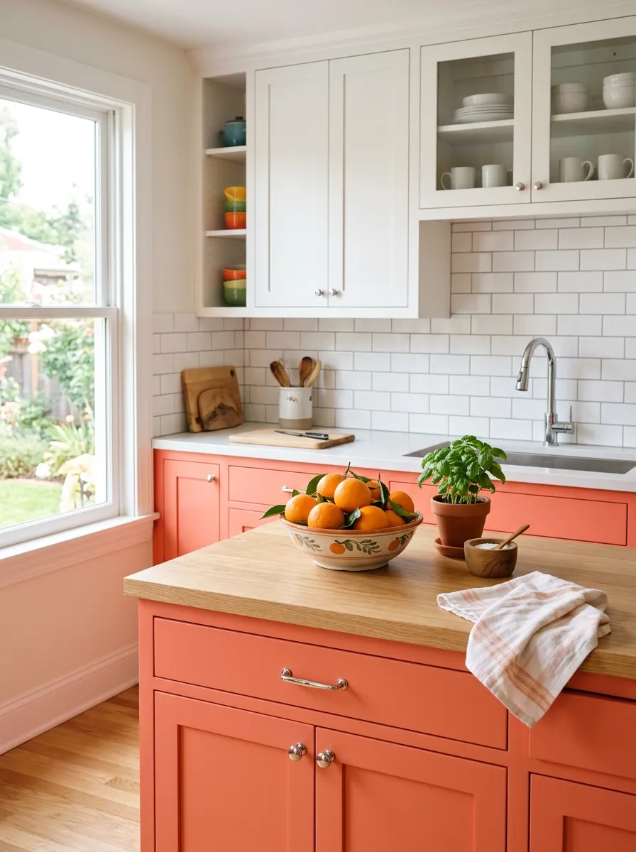 Coral lower cabinets and white upper cabinets with subway tile backsplash, chrome hardware, and fresh oranges in a cheerful bright kitchen