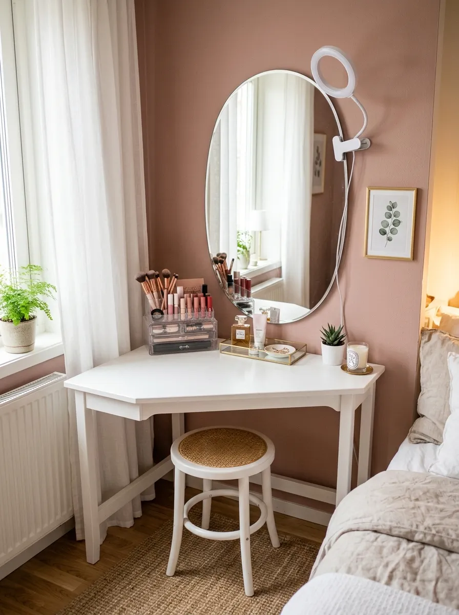 19 Small Bedroom Vanity Ideas to Create an Instagram Worthy Beauty Space With Style 3 Corner desk repurposed as a compact bedroom vanity ideas for small spaces setup with oval mirror and acrylic organizer