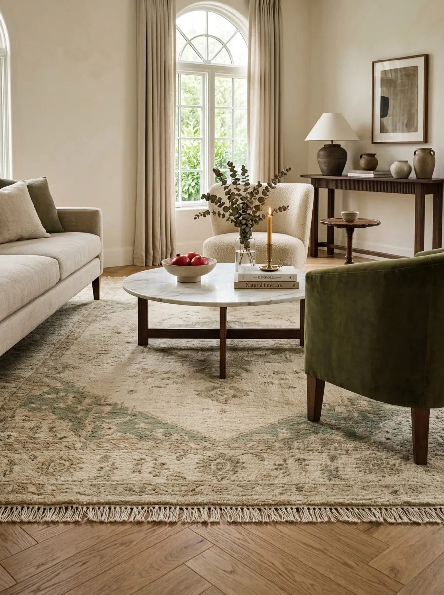 25 Luxury Living Room Ideas That Reveal the Design Details Most People Completely Overlook 5 Large hand knotted wool rug anchoring the seating zone in a living room design ideas styled space