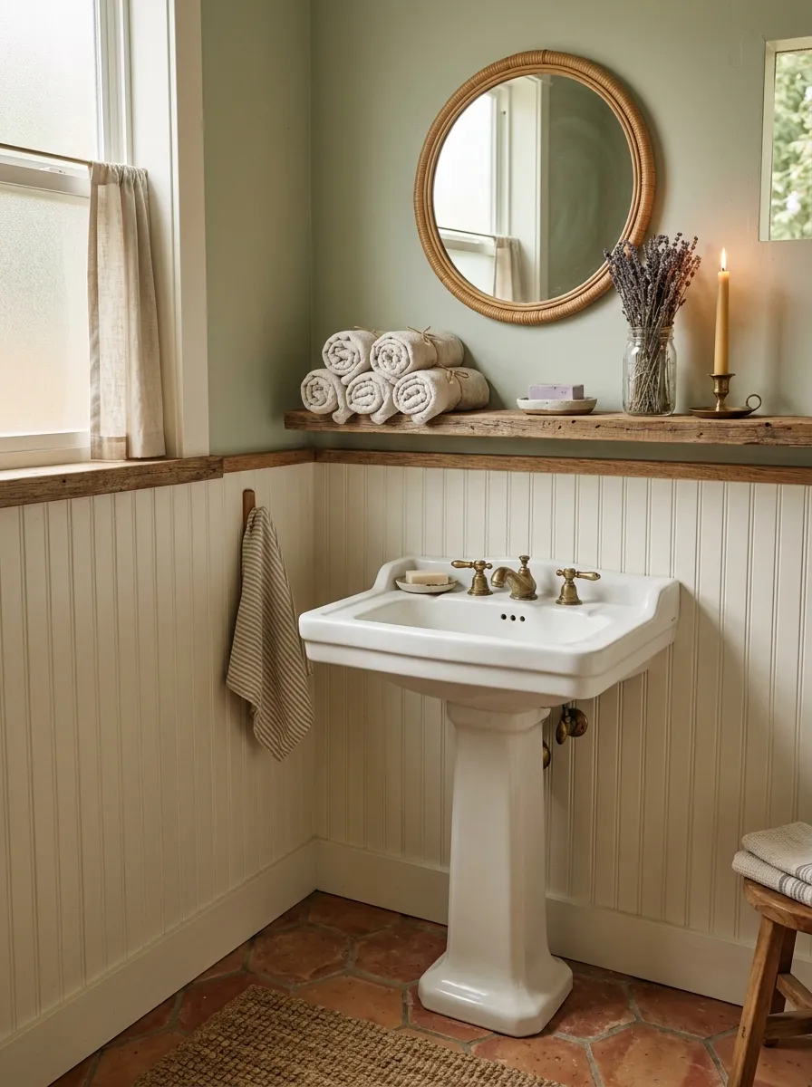 21 Earthy Cottage Decorating Ideas That Transform Your Home Into a Calm and Cozy Retreat 19 White beadboard cottage bathroom with brass fixtures, linen towels, and dried lavender on a wooden shelf