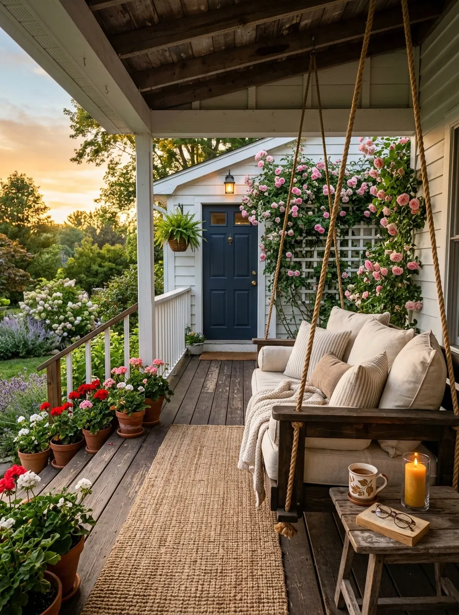 21 Earthy Cottage Decorating Ideas That Transform Your Home Into a Calm and Cozy Retreat 20 Cottage porch with wooden swing, linen cushions, and terracotta geranium pots in warm golden evening light