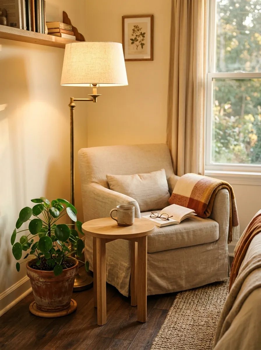 Small reading corner in a bedroom with slipcovered chair, floor lamp, and plant in a Nancy Meyers home aesthetic