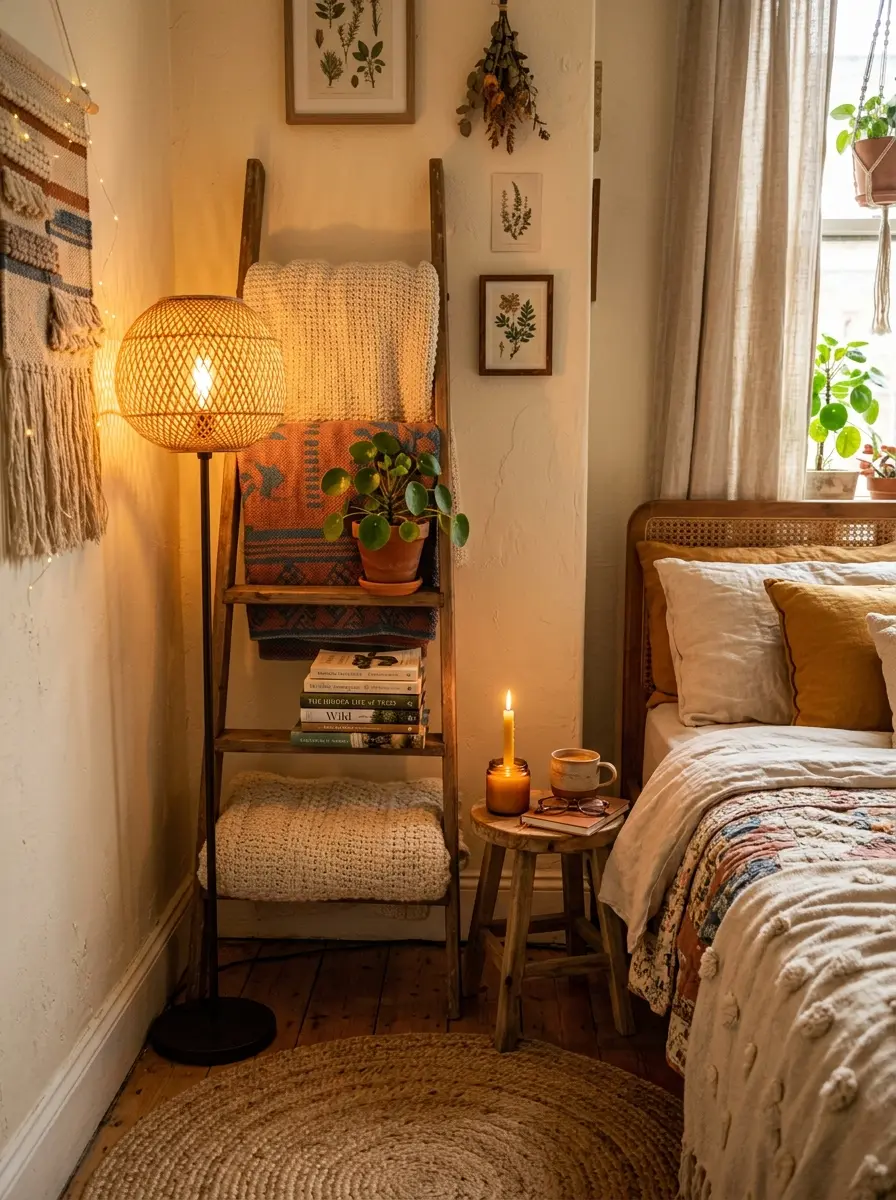 22 Boho Apartment Ideas That Turn Small Spaces Into Soulful, Cozy, and Stylish Sanctuaries 21 A small Boho apartment bedroom corner with a wooden ladder shelf holding blankets and plants, a rattan floor lamp, and candlelight in warm golden light.