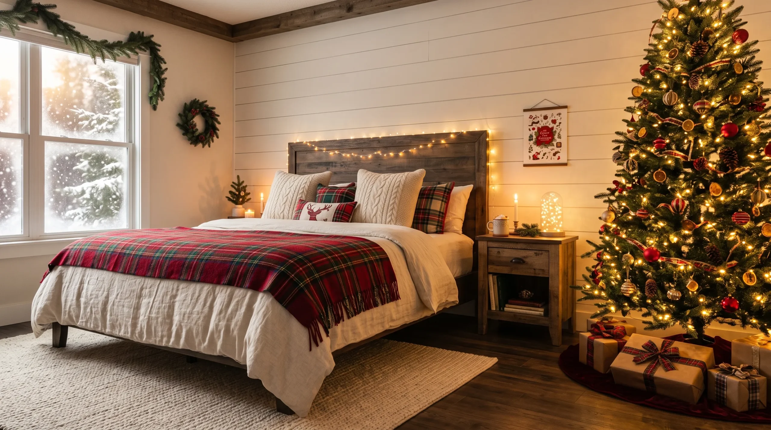 Cozy master bedroom with Christmas decor, plaid bedding, and fairy lights showcasing beautiful Christmas Bedroom Ideas.