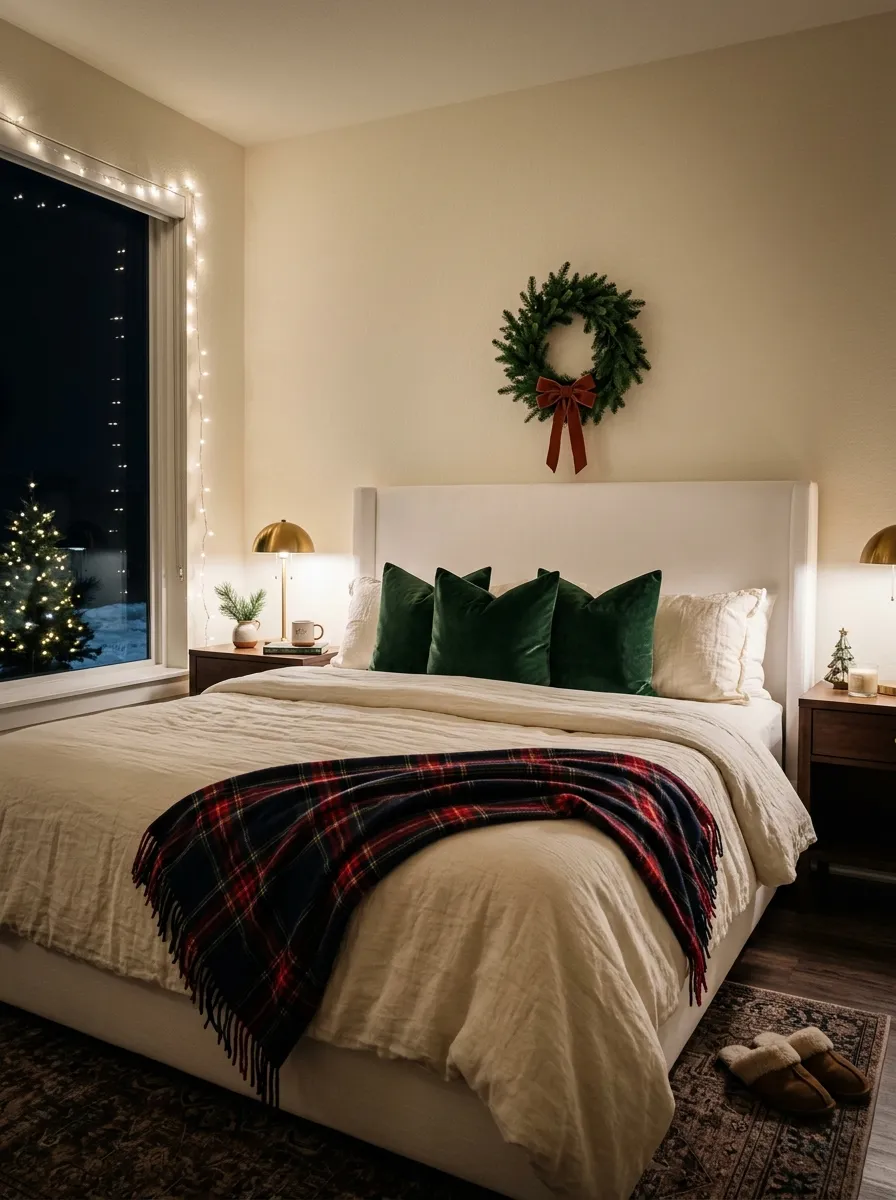 King bed with plaid blanket and velvet pillows for Ralph Lauren inspired Christmas decorating in a cozy winter bedroom