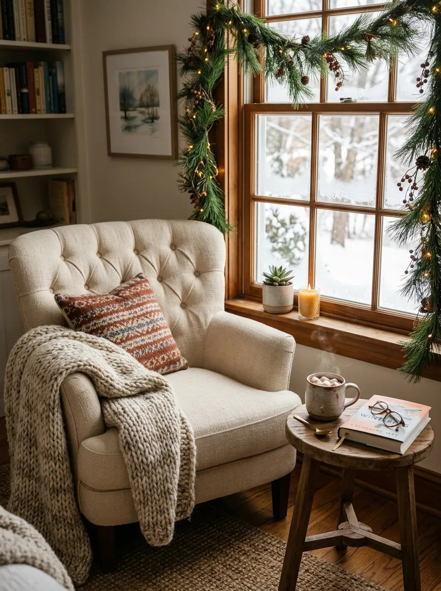 21 Christmas Bedroom Ideas That Make Your Space Feel Magical, Cozy, and Full of Holiday Charm 8 A cozy bedroom reading nook decorated with pine garland around a frosted window and a cream armchair for a festive holiday bedroom look.