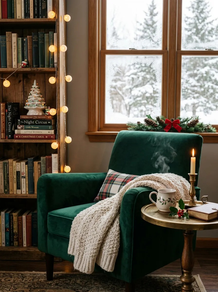 Cozy Christmas reading nook with emerald velvet chair, globe lights, ceramic tree, and brass candle for elegant holiday home styling