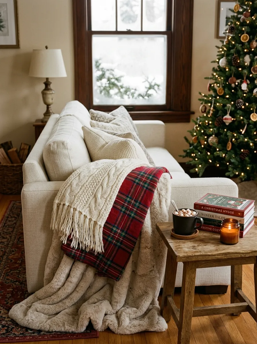 A cream sofa styled with chunky knit, plaid flannel, and faux fur throw blankets for a cozy Christmas home decorating ideas display