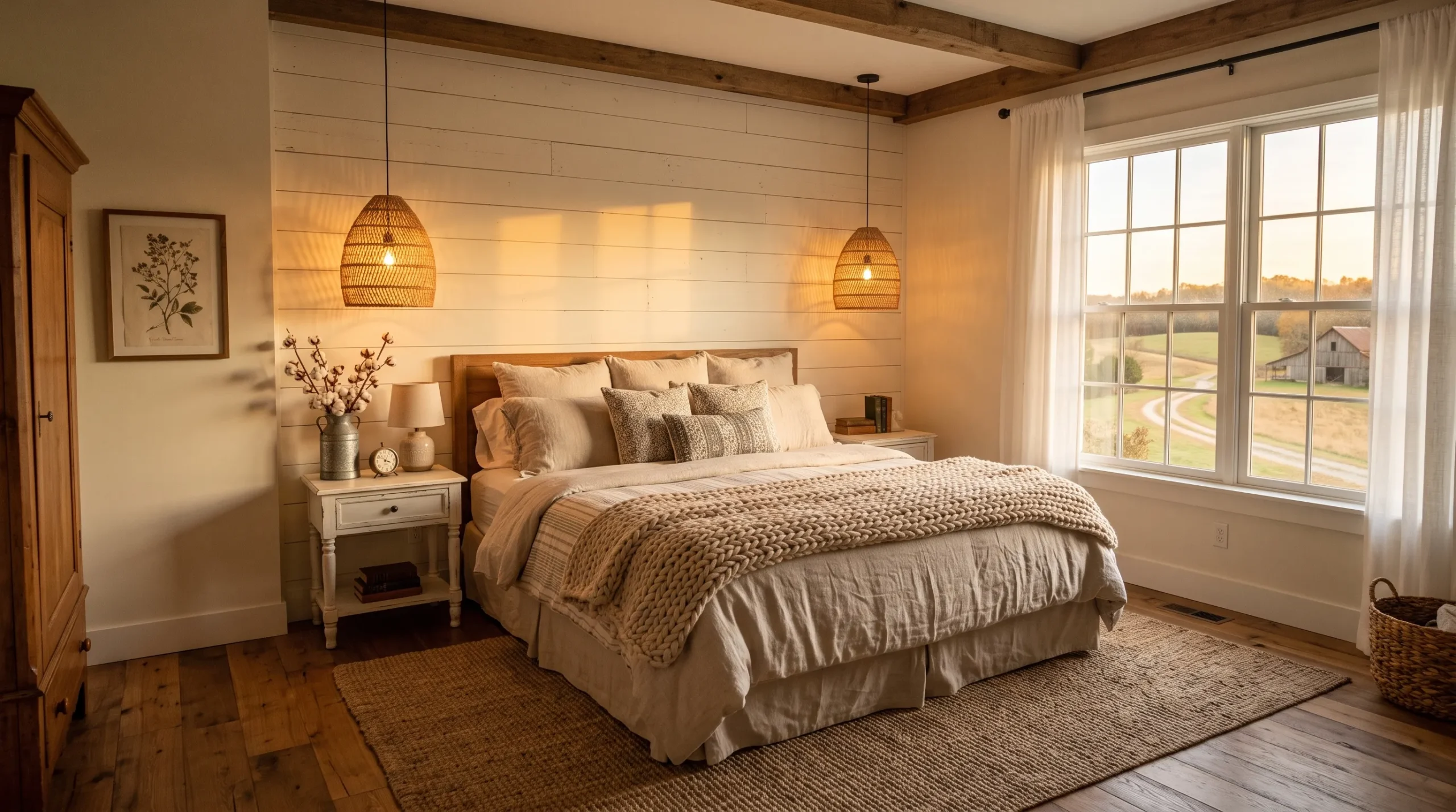20 Cozy Farmhouse Bedroom Ideas That Create a Relaxed, Warm, and Beautiful Home Retreat 2 Cozy sunlit farmhouse bedroom with shiplap walls, linen bedding, rattan pendants, and a jute rug in warm golden light