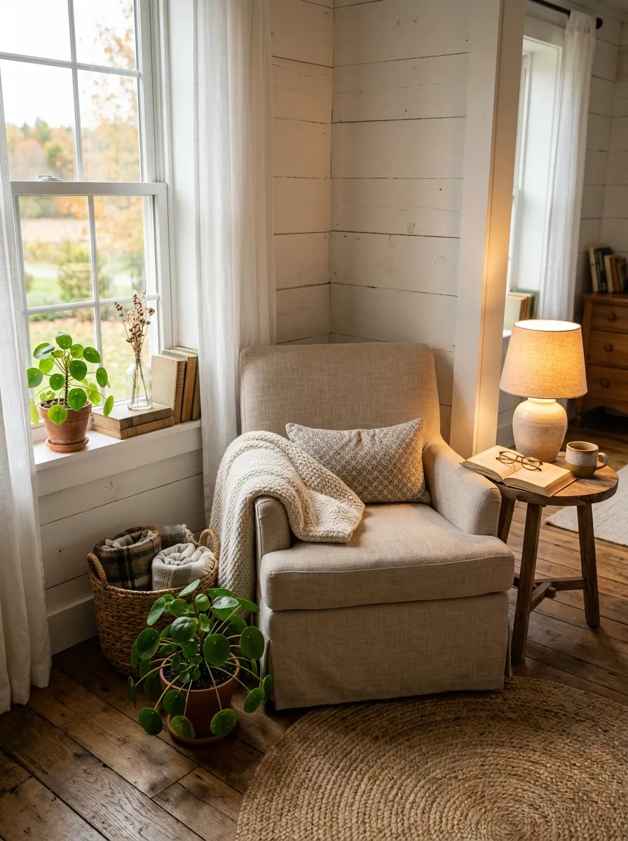 Cozy farmhouse bedroom reading nook with linen slipper chair, ceramic lamp, and trailing plant in warm afternoon light