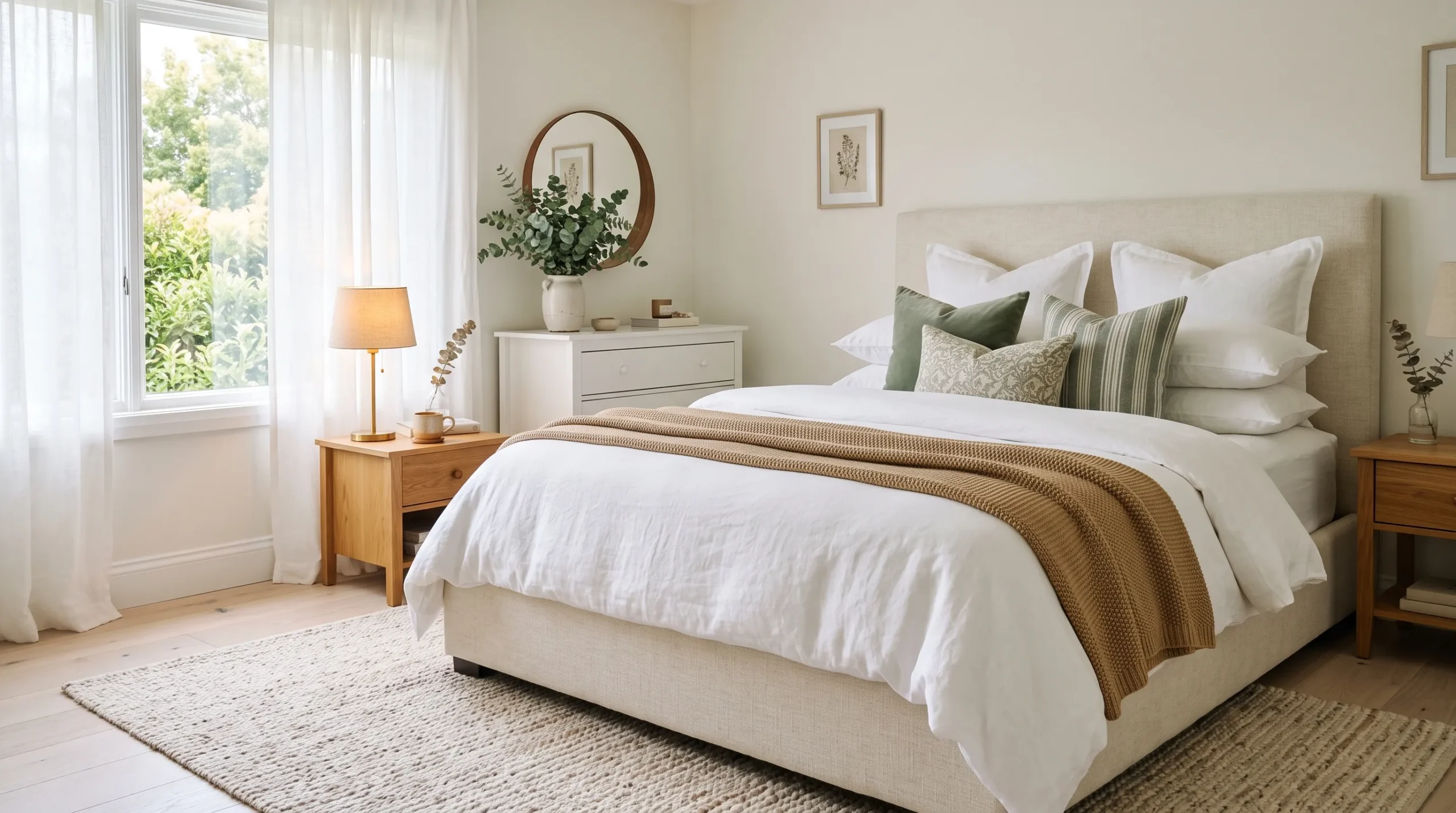 Beautifully styled guest bedroom ideas with cream bedding, oak accents, and warm golden lighting