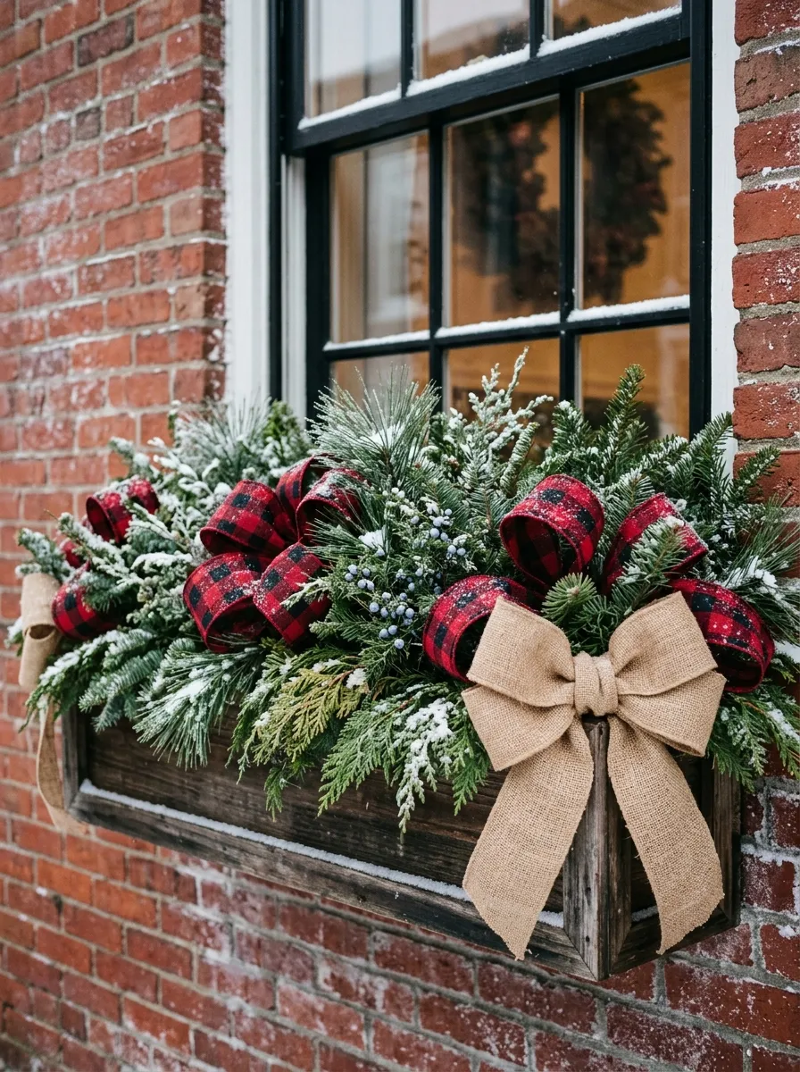 18 Winter Window Box Ideas That Bring Magical Seasonal Charm to Your Home Exterior 13 Farmhouse winter window box with buffalo plaid ribbon, burlap bows, and pine branches on a red brick colonial exterior