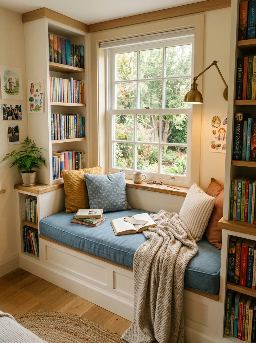 Cool kids room ideas with a built-in reading nook, window seat cushion, and floor-to-ceiling white bookshelves