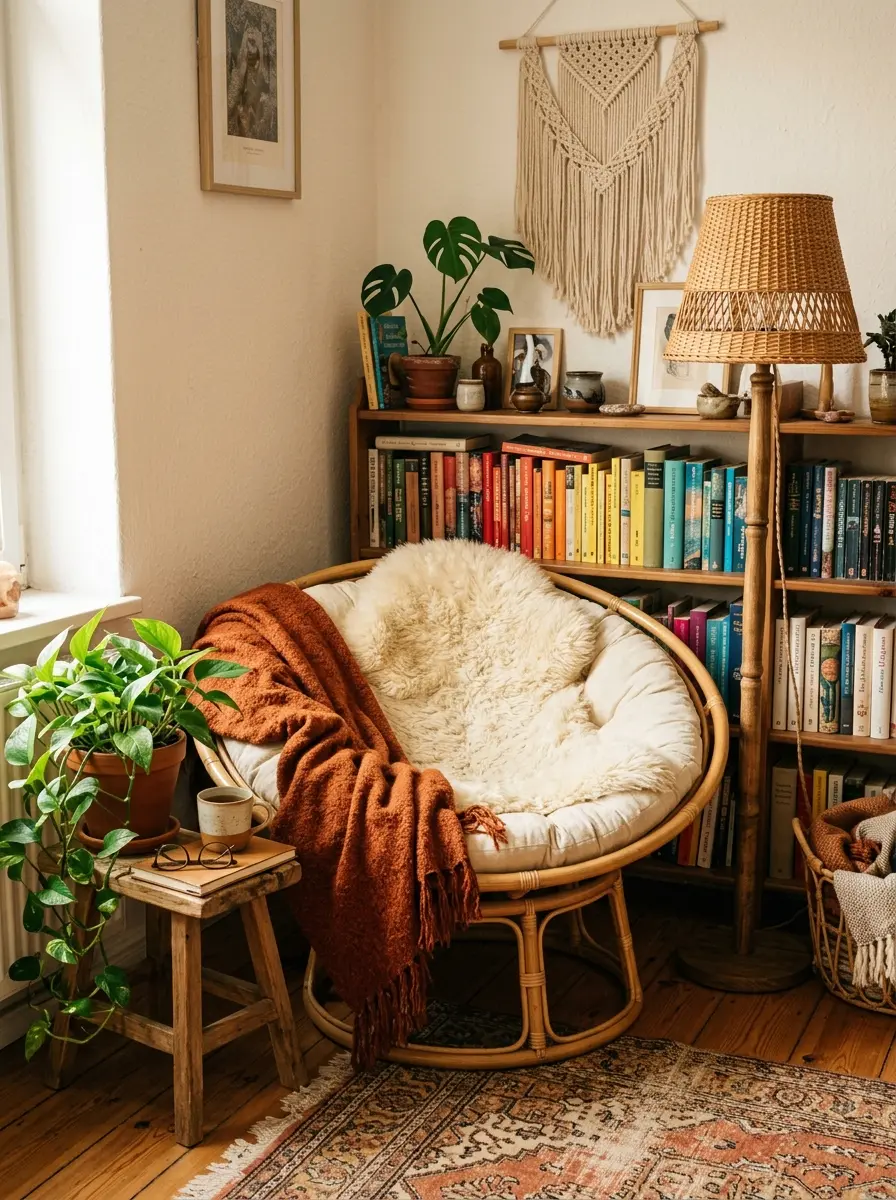 22 Boho Apartment Ideas That Turn Small Spaces Into Soulful, Cozy, and Stylish Sanctuaries 10 A round papasan chair with cream sheepskin and rust throw in a cozy small Boho apartment reading nook with rattan floor lamp and trailing plants.