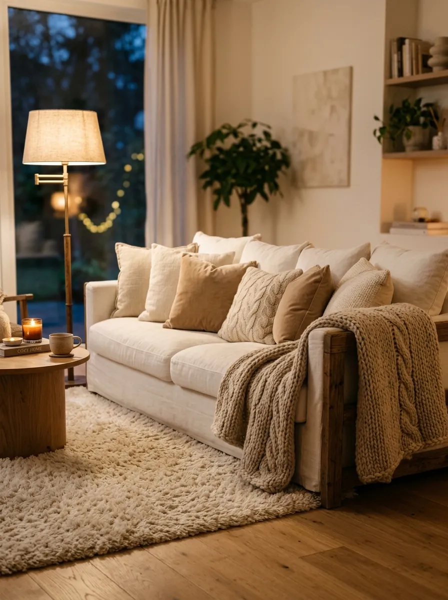 Bright white living space with linen sofa, chunky knit throw and layered cream pillows for ultimate coziness
