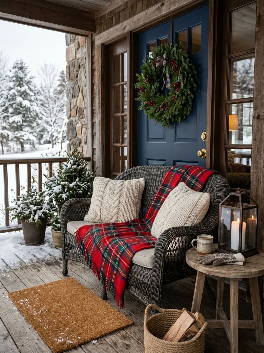 19 Winter Porch Decorating Ideas That Instantly Boost Cozy Curb Appeal All Season Long 14 Dark wicker loveseat with cream knit pillows and red tartan blanket as an inviting cozy winter porch seating vignette
