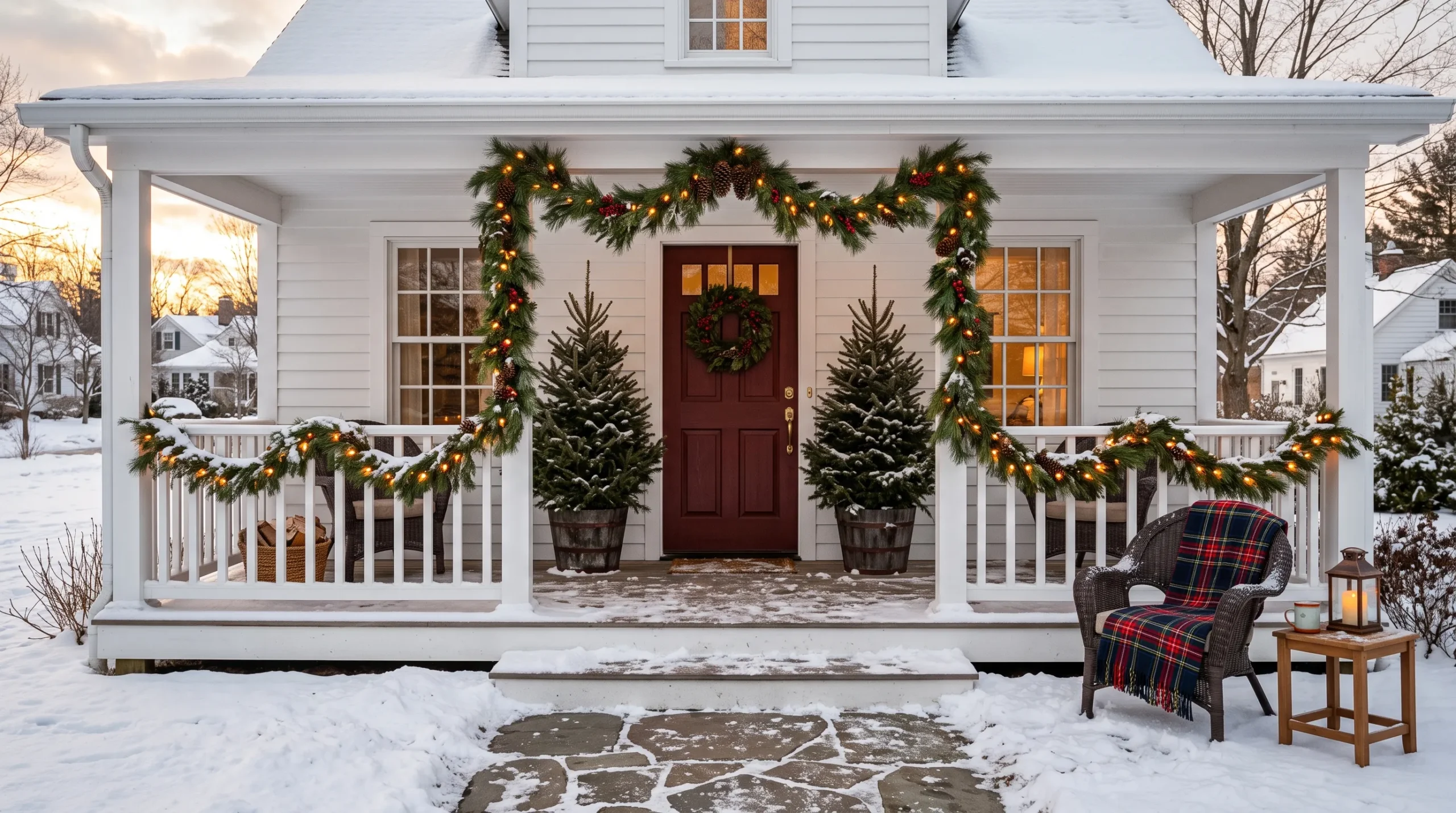 Front porch styled with winter porch decorating ideas, evergreen garlands, string lights, and cozy seasonal accents