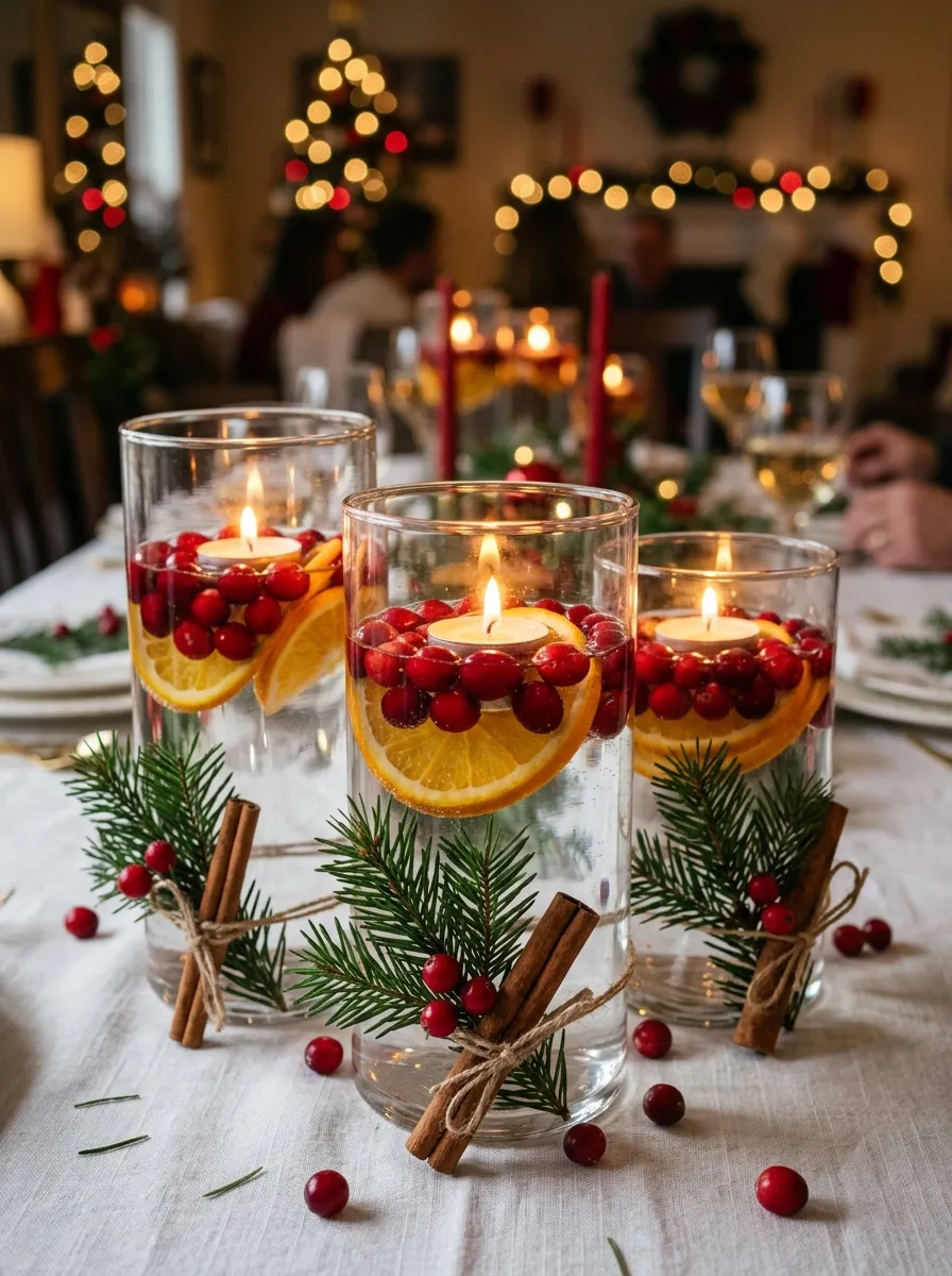 Glass cylinders filled with cranberries and floating candles as fresh and beautiful Christmas centerpiece ideas