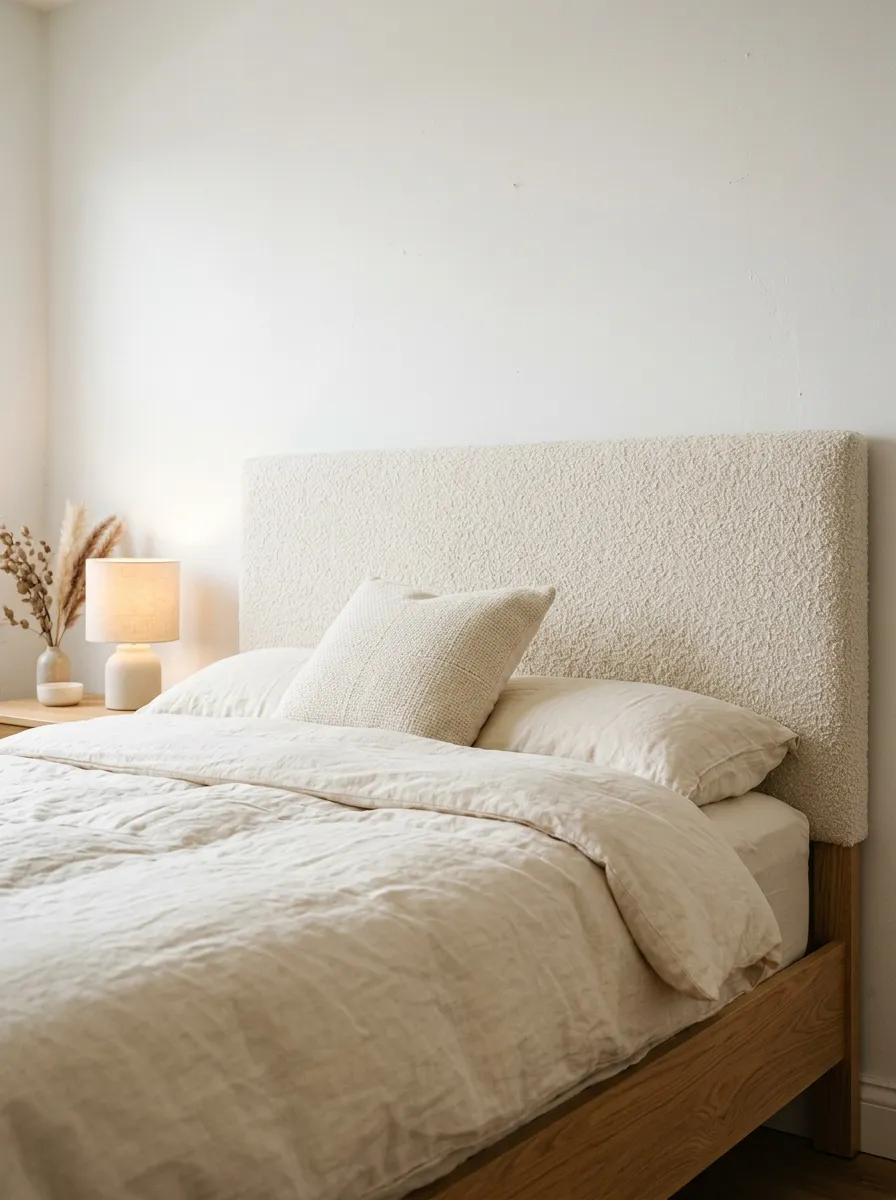 Cream boucle upholstered headboard with ivory linen bedding in a soft minimalist bedroom