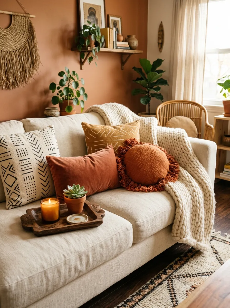 23 Afro Boho Living Room Ideas That Feel Warm, Authentic, Stylish, and Truly Lived In 15 Cream sofa layered with mudcloth cushion, terracotta lumbar, and chunky throw in an Afro Boho Living Room