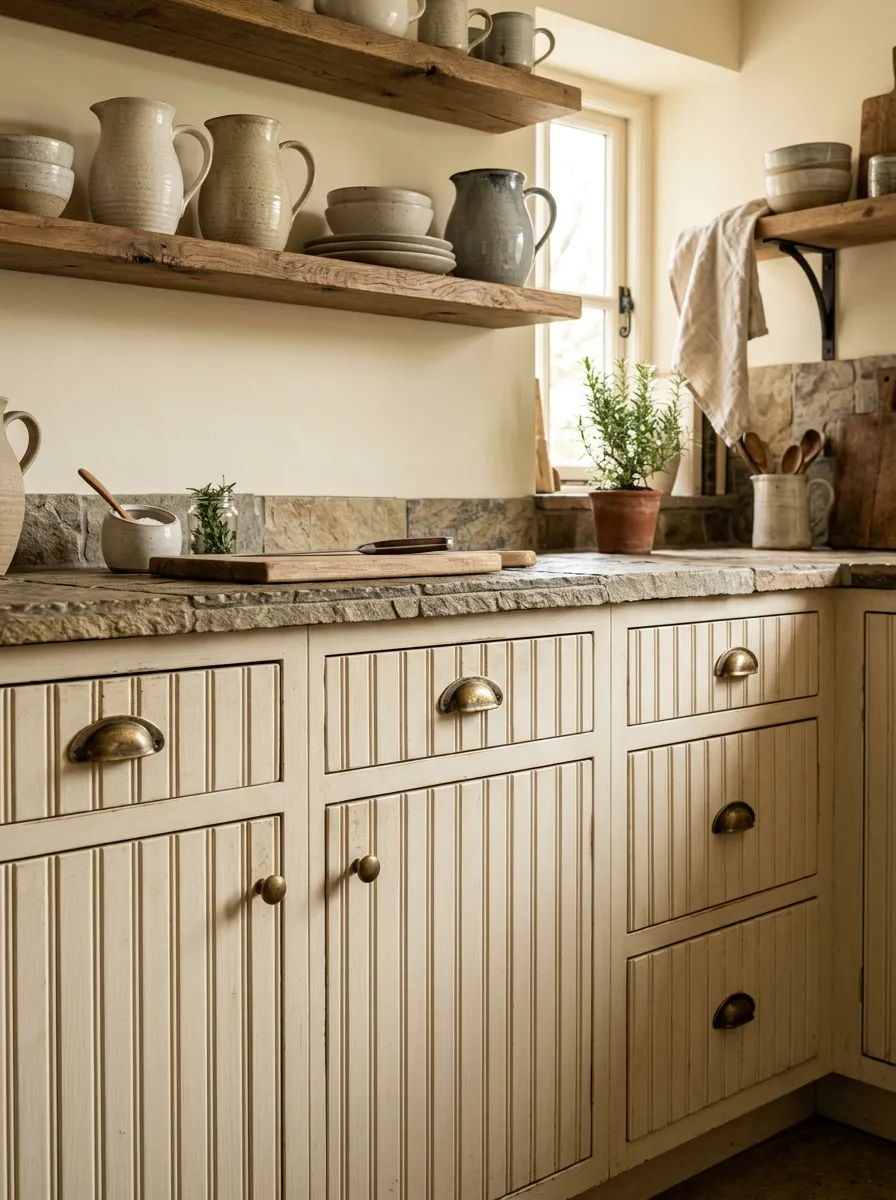 23 Rustic Farmhouse Kitchen Ideas That Use Quiet Design Rules to Create a Timeless Look 21 Cream beadboard cabinet fronts with vertical ridges and aged brass cup pulls in a warm rustic farmhouse kitchen with stone countertops.
