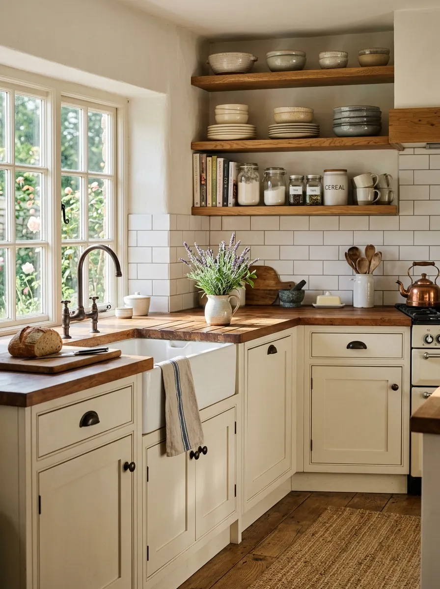 Creamy white Shaker cabinets with bronze hardware and butcher block countertop in a cozy cottage style kitchen