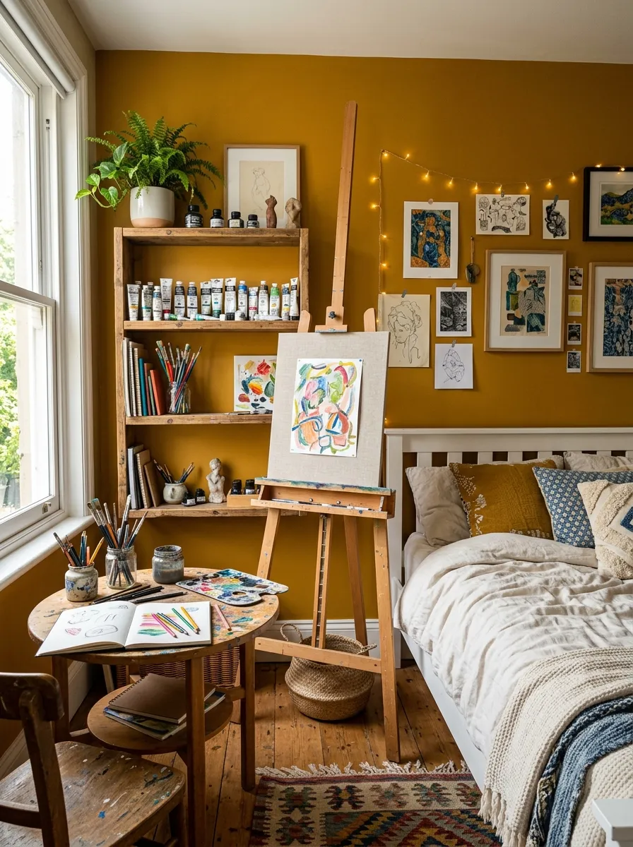 Cool kids room ideas for artistic children featuring an ochre accent wall, wooden easel, and open art supply shelving