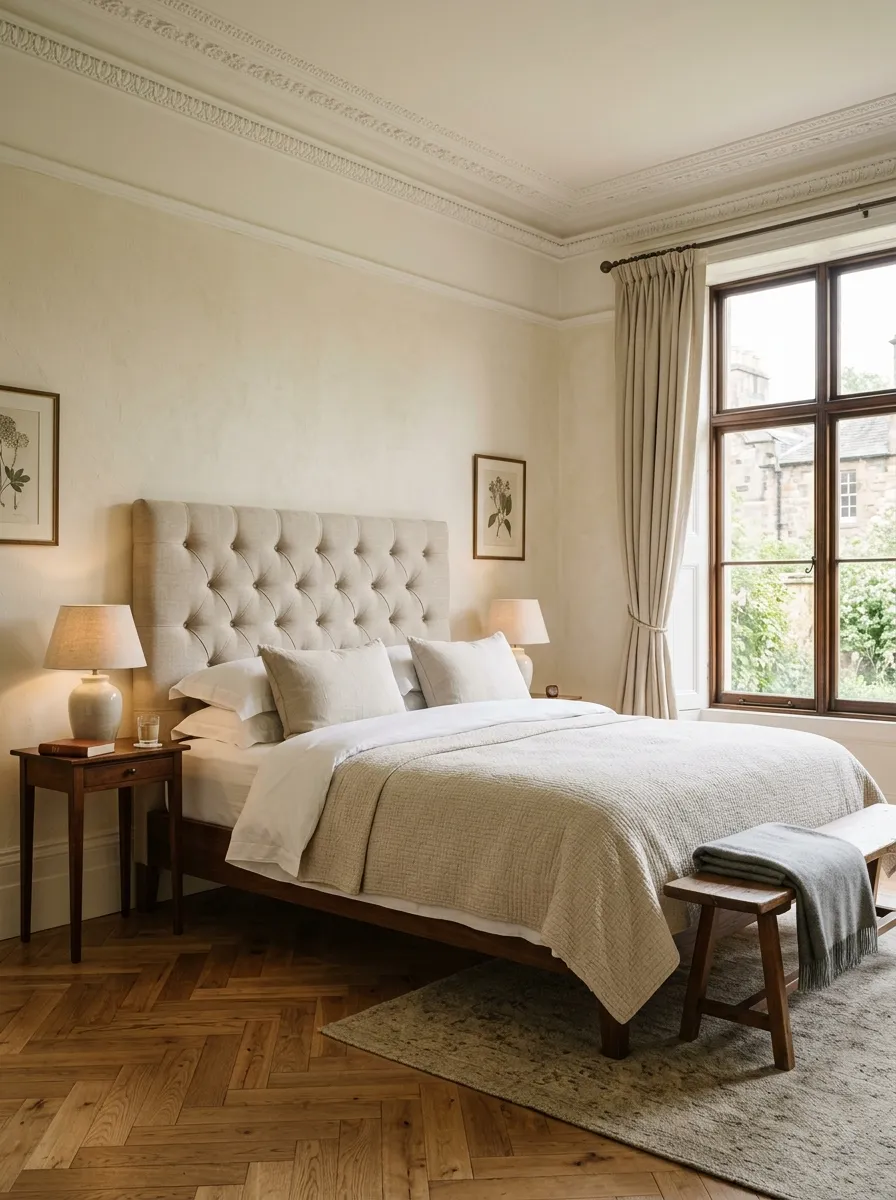 White crown molding on cream bedroom walls adding architectural detail in timeless bedroom decor ideas
